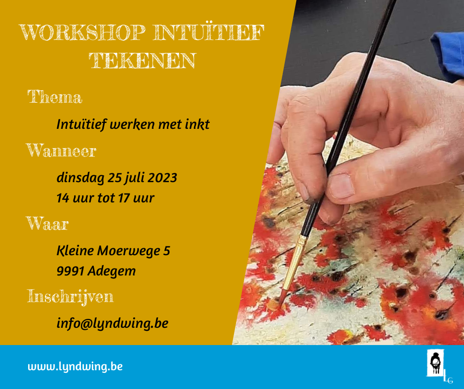 Informatie over de workshop en een afbeelding van een hand die aan het schilderen is met inkt.